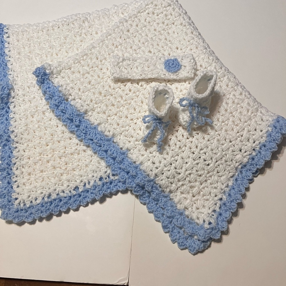 Blue and Off White Crochet Baby Layette Blanket Set
